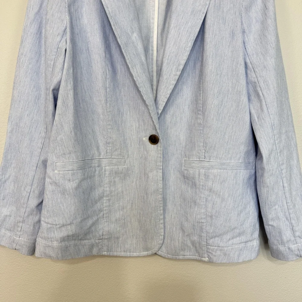 J‎ Crew Blazer Women's 6 Blue Striped Seersucker Linen Blend Lightweight Relaxed - Picture 3 of 15